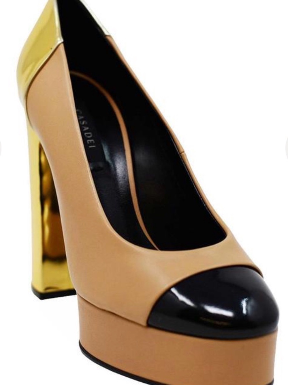 Casadei Nude Leather Black Patent Cap Toe Gold Heel Platform Pumps Italy EU 38.5